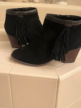 Black Suede Fringe Ankle Boots - Women